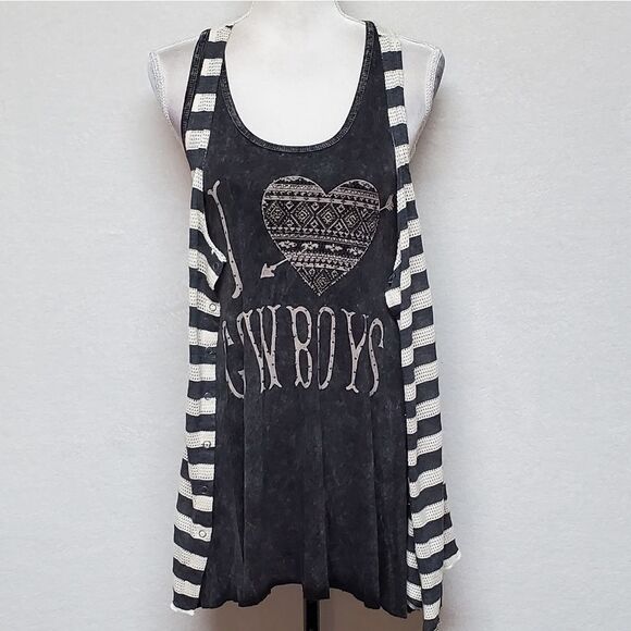 T-PARTY Stone Wash Black Bling I Love  Cowboys Striped Eyelet Mini Dress/Top Set - Picture 2 of 16